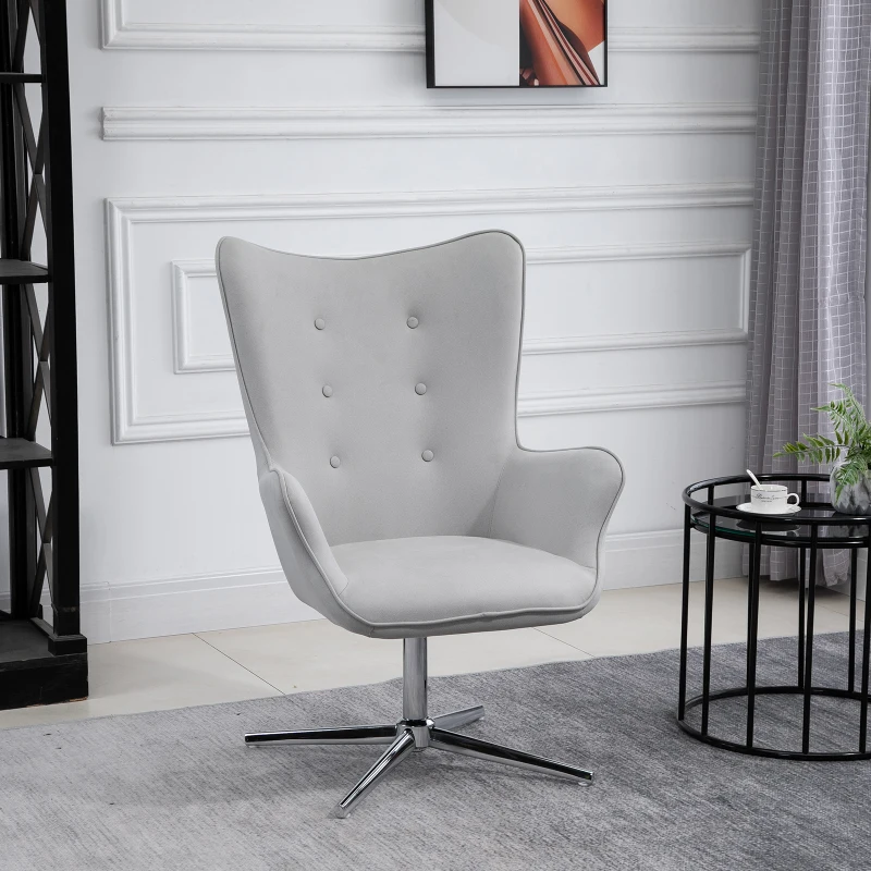 HOMCOM Retro Upholstered Swivel Accent Chair Executive Tufted w/ Metal Base Padding High Back Arms Home Office Comfort Style Seating 74L x 71W x 106H - Grey