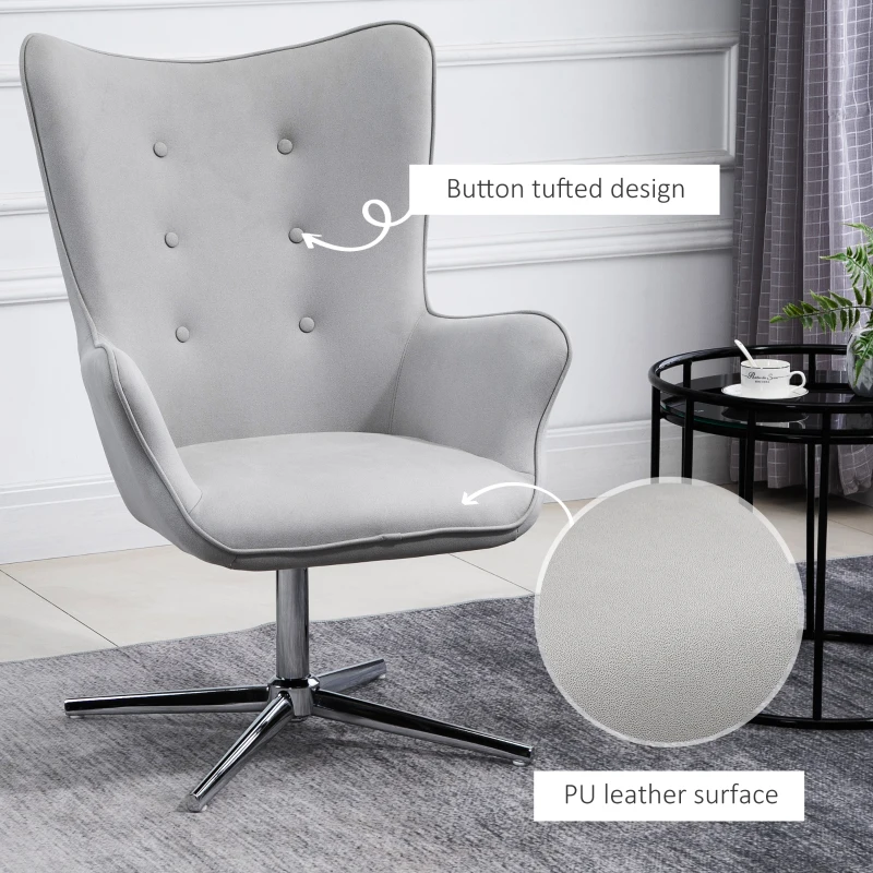HOMCOM Retro Upholstered Swivel Accent Chair Executive Tufted w/ Metal Base Padding High Back Arms Home Office Comfort Style Seating 74L x 71W x 106H - Grey