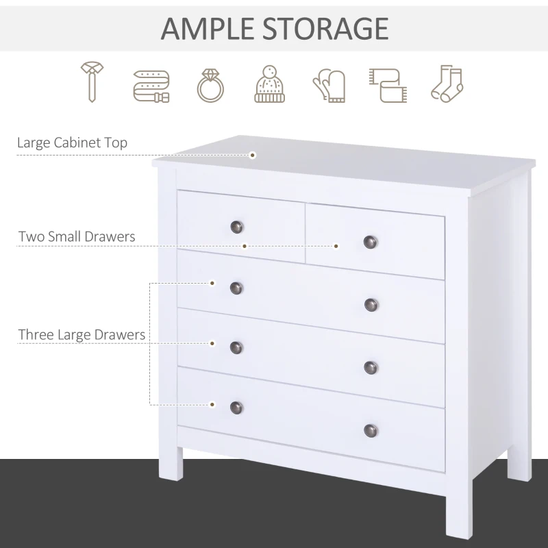 HOMCOM Modern Chest of Drawers, 5 Drawer Storage Cabinet with Metal Handles and Runners for Bedroom, White