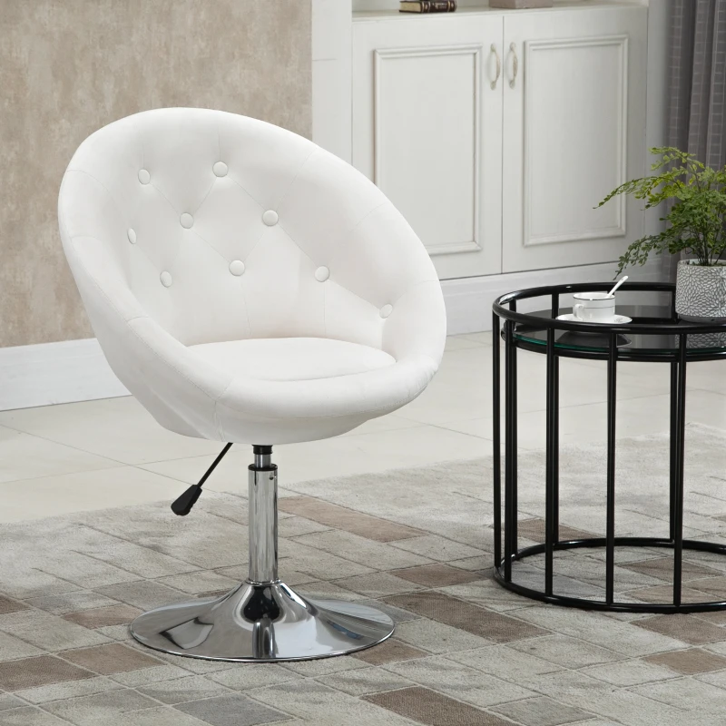 HOMCOM Modern Leisure Chair Round Tufted Accent Chair Vanity Stool Height Adjustable Counter Chair with Swivel Seat for Pub, Living Room, White