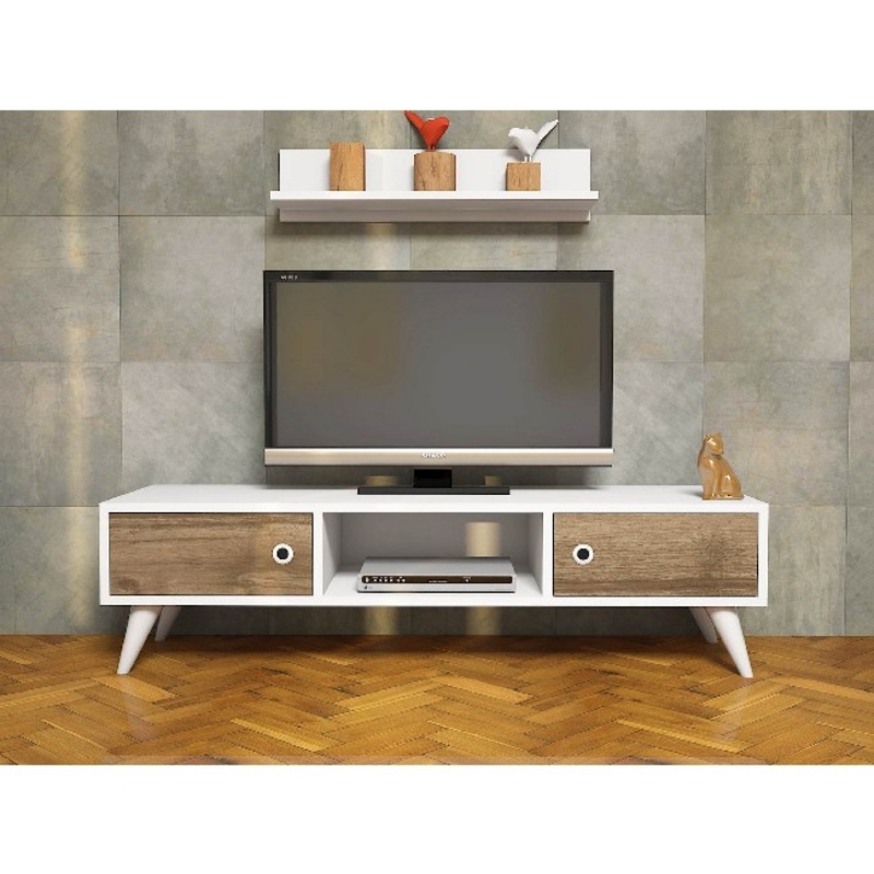 Mobile Porta TV Aspen Moderno con Ante, Mensola e Ripiani da Salotto Bianco e Noce L130xP40xA35 cm