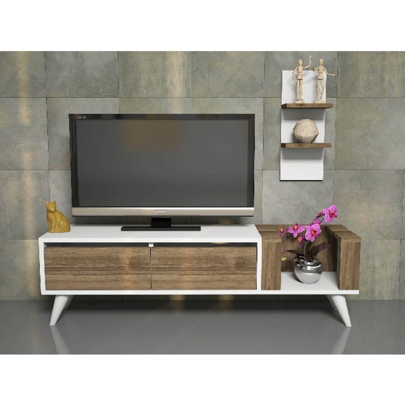 Mobile Porta TV Pers con Ante Mensole e Ripiani Noce e Bianco in Legno L130xP30xA38,6 cm