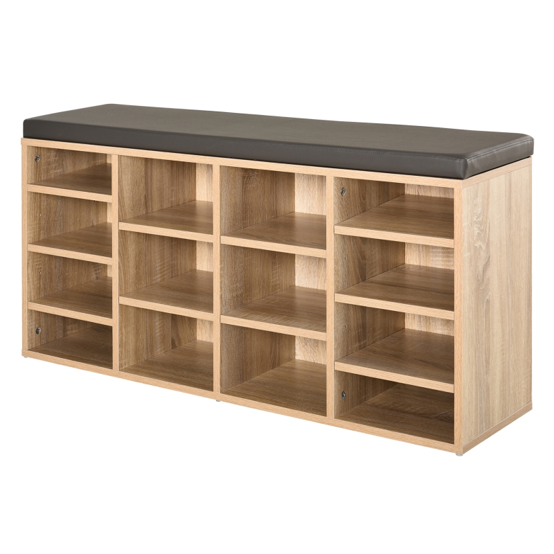 HOMCOM PU Leather 14-Compartment Shoe Storage Bench Brown/Oak