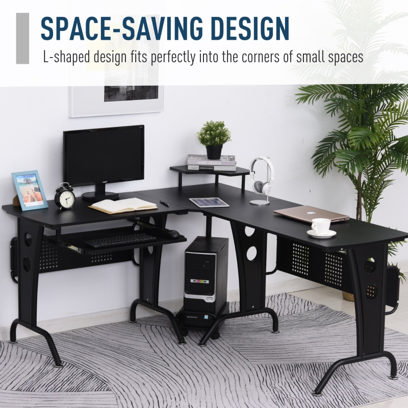 Homcom 86 5h X 170l 140wcm Steel Mdf Top L Shaped Corner Desk W Keyboard Tray Black Aosom Uk Corner Desk W Keyboard Tray Black, Small L Shaped Desk With Keyboard Tray