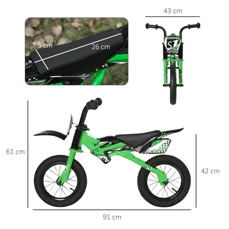 HOMCOM 12" Kids Balance Bike, No Pedal Training Bicycle w/ Air Filled Tyres, Soft Handlebar, PU Seat, for Ages 3-6 Years Gift for Boys Girls - Green