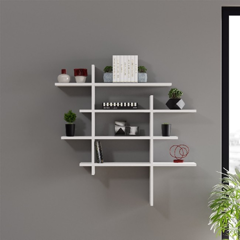 Mensola Cizgi Porta Oggetti da Parete in Legno Bianco L115xP22xA115 cm
