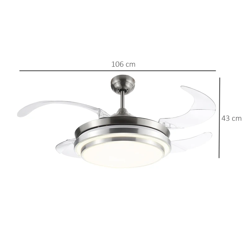 HOMCOM Indoor Ceiling Fan with Light, Retractable Blades, Modern Mount Dimmable LED Lighting Fan with Remote Controller, for Bedroom, Living Room