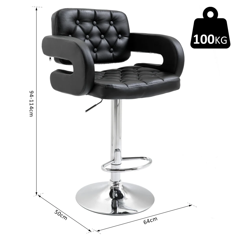 HOMCOM Mid-Back Hollow Design Height Adjustable Barstool with PU Leather Surface, U-Shape Armrest, Steel Pole for Bistro, Lounge, Kitchen, Black