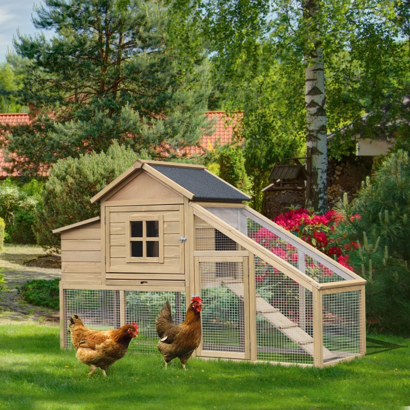 PawHut Chicken Coop, Rabbit Hutch, Hen House, Wooden Poultry Habitat with Outdoor Run, Nesting Box, Slide Out Tray, Lockable Doors, Ramp, Window, 176 x 66 x 110cm, Natural