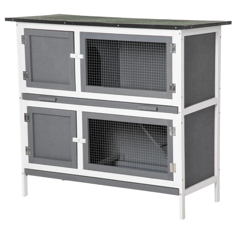 PawHut Double Decker Rabbit Hutch 2 Tier Guinea Pig House Pet Cage Outdoor with Sliding-out Tray Asphalt Roof Ramp, 100x47x91cm, Grey