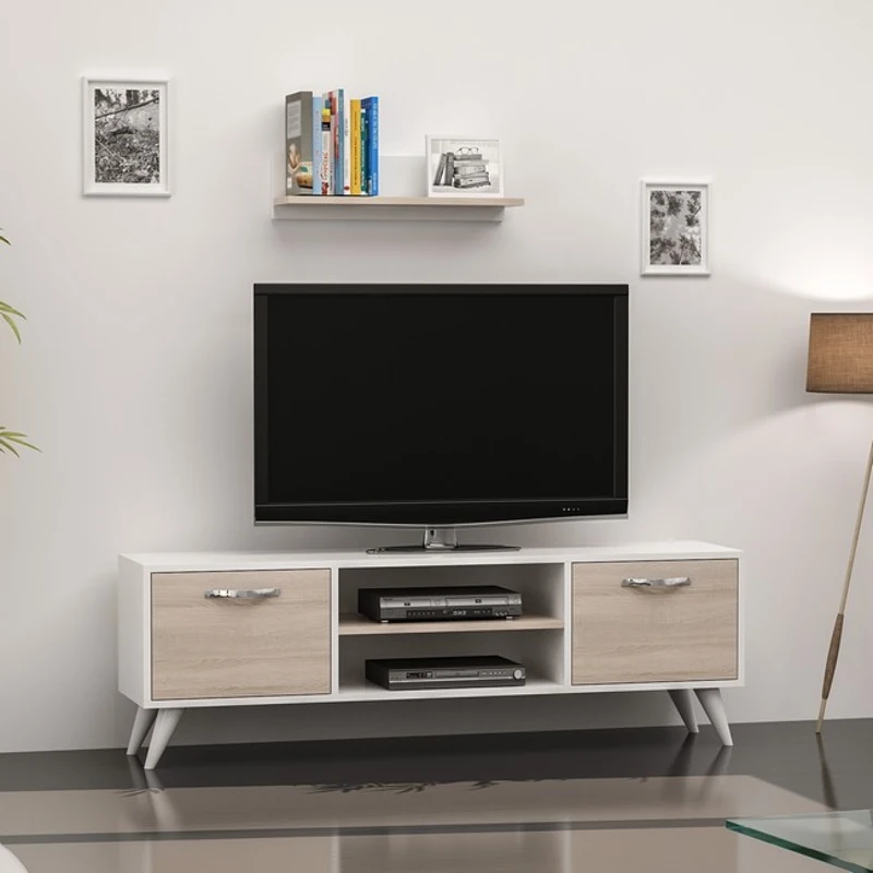 Homemania Mobile TV Horus TV Stand W120xD30xH45 cm, Shelf W60xD16xH16 cm Bianco, Sonoma