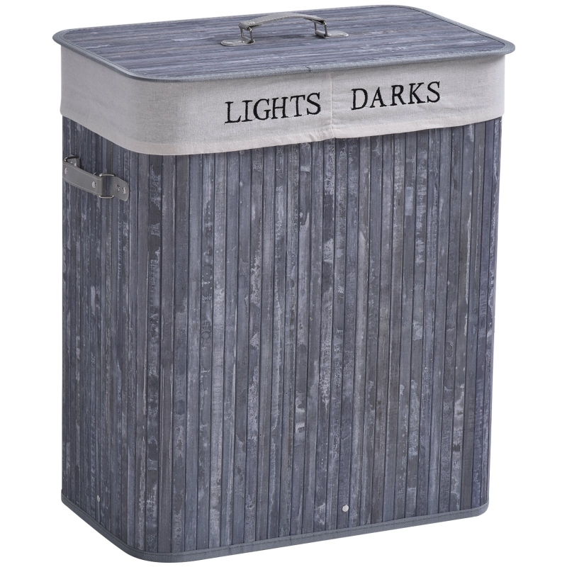HOMCOM Bamboo Duo-Compartment Laundry Basket Grey