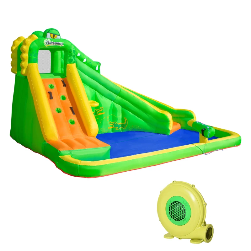 Outsunny 5 in 1 Kids Bouncy Castle Large Crocodile Style Inflatable House Slide Basket Water Pool Gun Climbing Wall with Blower Carrybag for Kids Age 3-8, 3.85 x 2.85 x 2.25m