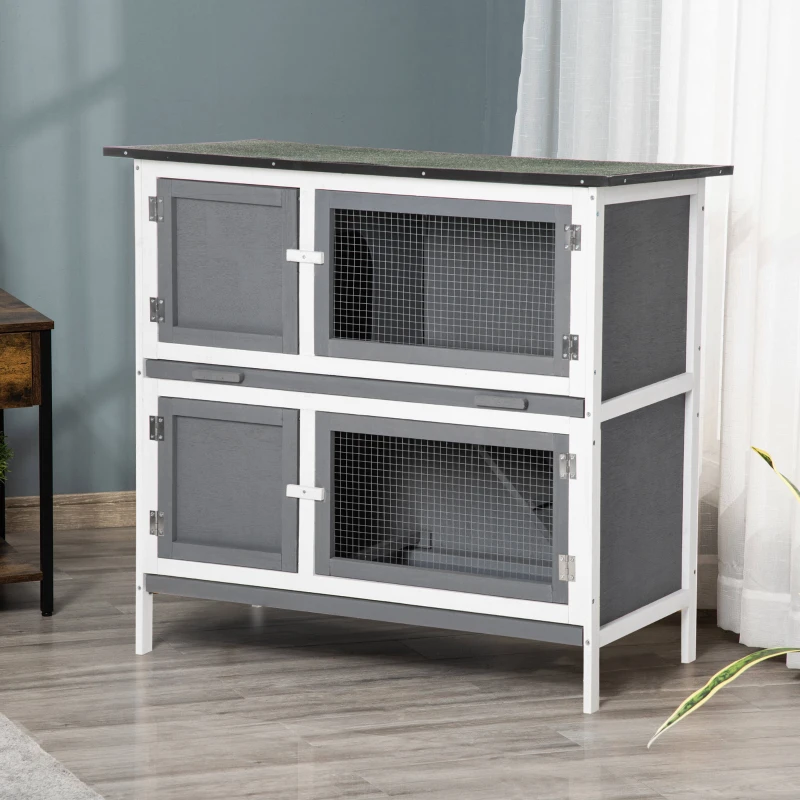 PawHut Double Decker Rabbit Hutch 2 Tier Guinea Pig House Pet Cage Outdoor with Sliding-out Tray Asphalt Roof Ramp, 100x47x91cm, Grey