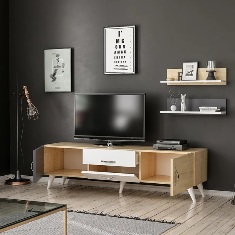 Homemania Mobile TV Only W160xD32xH45 cm con 2 Mensole W60xD16xH16 cm (2 pcs) Bianco, Rovere, Antracite