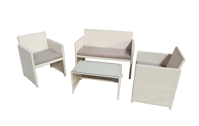 Salotto Valencia White (2 Poltrone 1 Divano 1 Tavolo) Polyrattan - Colore Bianco Cuscini Colore Grigio Chiaro