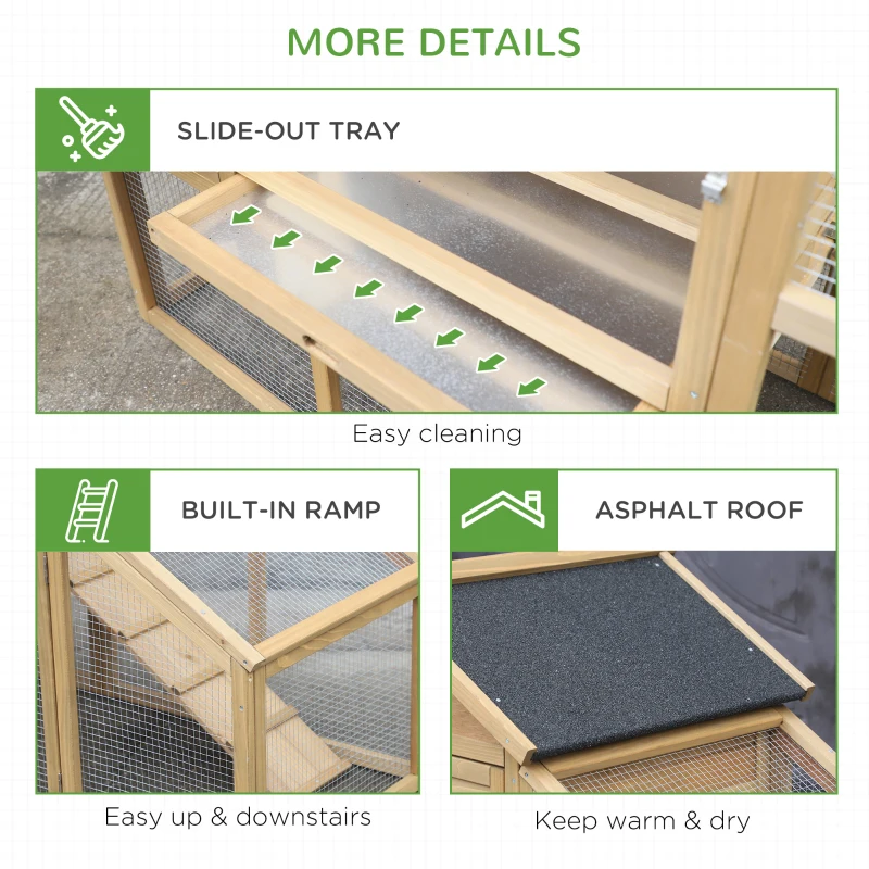 PawHut Chicken Coop, Rabbit Hutch, Hen House, Wooden Poultry Habitat with Outdoor Run, Nesting Box, Slide Out Tray, Lockable Doors, Ramp, Window, 176 x 66 x 110cm, Natural