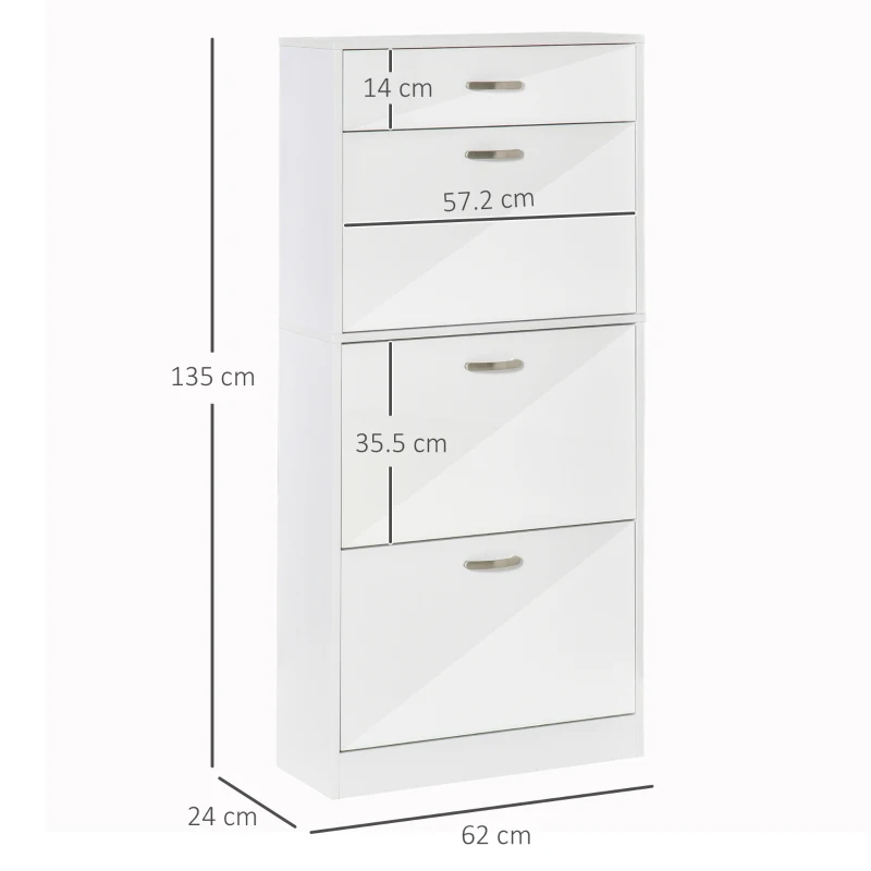 HOMCOM High Gloss Shoe Storage Cabinet with 3 Flip Drawers, Hallway Cabinet with Top Drawer and Adjustable Shelves, Shoe Cupboard for 18 Pairs, White