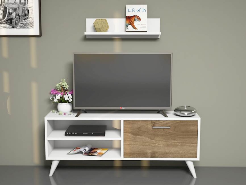 Homemania Mobile TV Party Tv Unit W120xD29,7xH48,6 cm, Shelf W60xD14xH16 cm Bianco, Noce