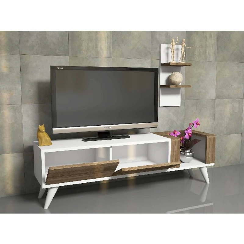 Mobile Porta TV Pers con Ante Mensole e Ripiani Noce e Bianco in Legno L130xP30xA38,6 cm