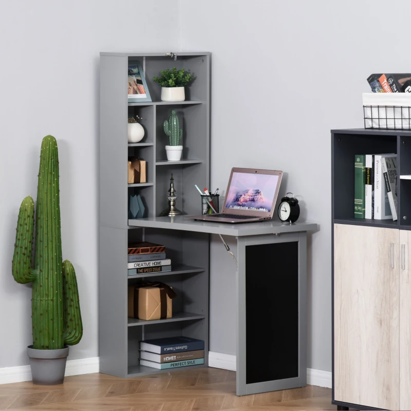 HOMCOM Folding Convertible Desk with Blackboard Multi-function Computer Office Workstation Side Shelf for Home Office, Grey
