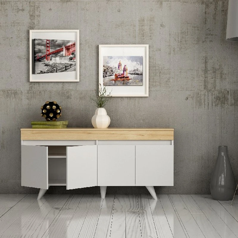 Mobile Multiuso Belis con Ante e Ripiani da Ufficio Bianco e Rovere in Legno L160,4xP42xA75 cm