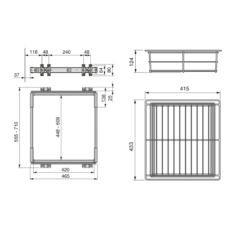 Emuca Kit di guida e cassetto metallico Keeper per modulo 600 mm e finitura anodizzato opaco