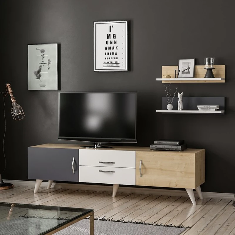 Homemania Mobile TV Only W160xD32xH45 cm con 2 Mensole W60xD16xH16 cm (2 pcs) Bianco, Rovere, Antracite