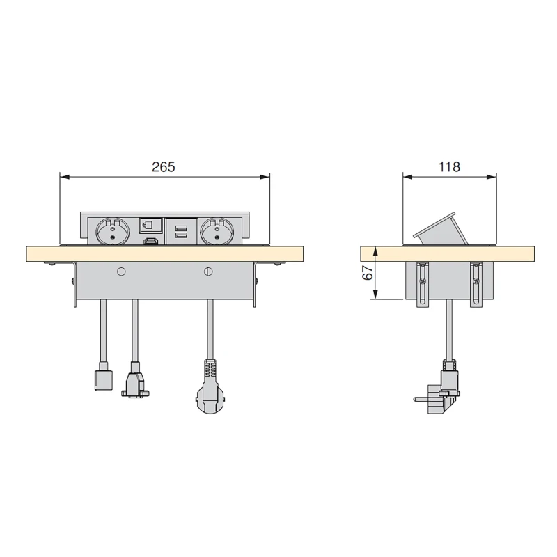 Emuca Multipresa da scrivania, 2 USB +1 HDMI + 2 prese EU, 265x120 mm, Acciaio e alluminio, Color alluminio