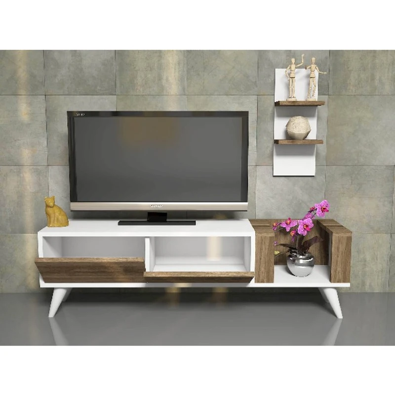 Mobile Porta TV Pers con Ante Mensole e Ripiani Noce e Bianco in Legno L130xP30xA38,6 cm