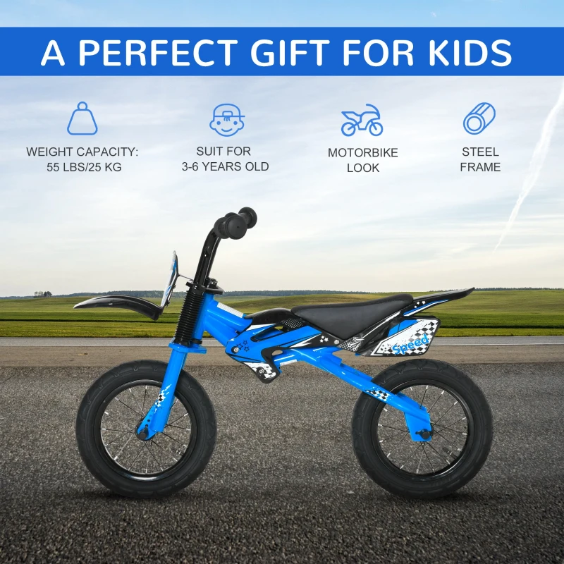 HOMCOM 12" Kids Balance Bike, No Pedal Training Bicycle w/ Air Filled Tyres, Soft Handlebar, PU Seat, for Ages 3-6 Years Gift for Boys Girls - Blue