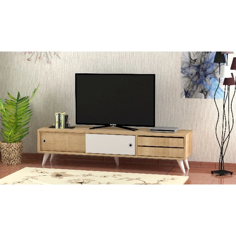 Mobile Porta TV Eduardo con Cassetti e Ripiani in Rovere Bianco L160xP40xA40 cm