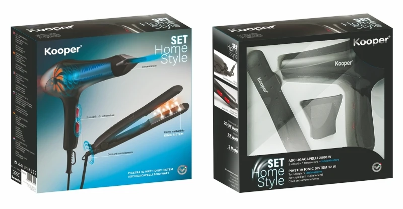 Kooper Set Asciugacapelli 2000W E Piastra 32W Nero