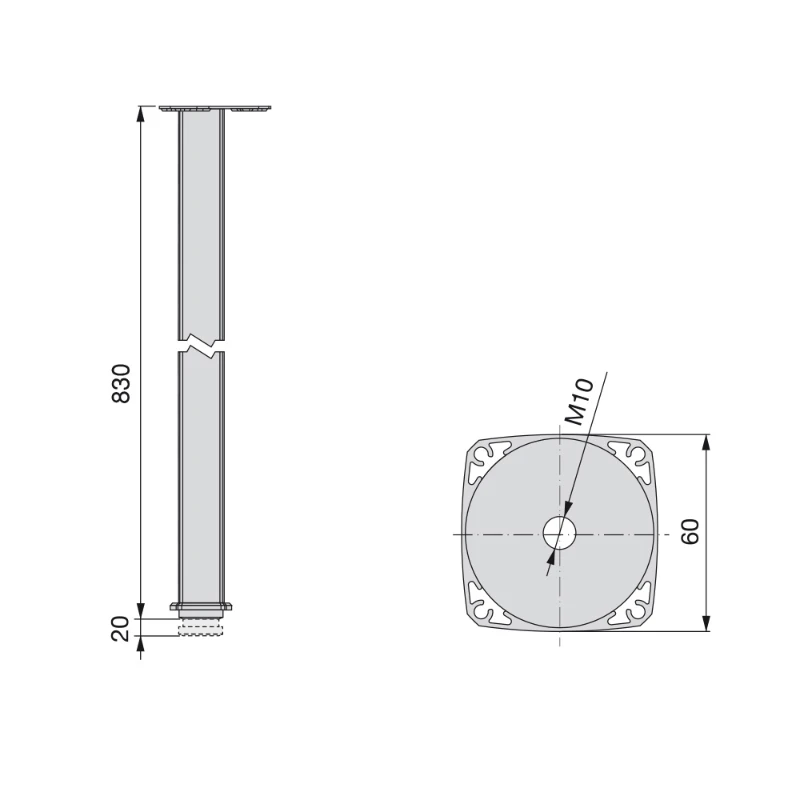 Emuca Gamba da tavolo regolabile Fitwid quadrata 830 mm in alluminio anotizzato opaco