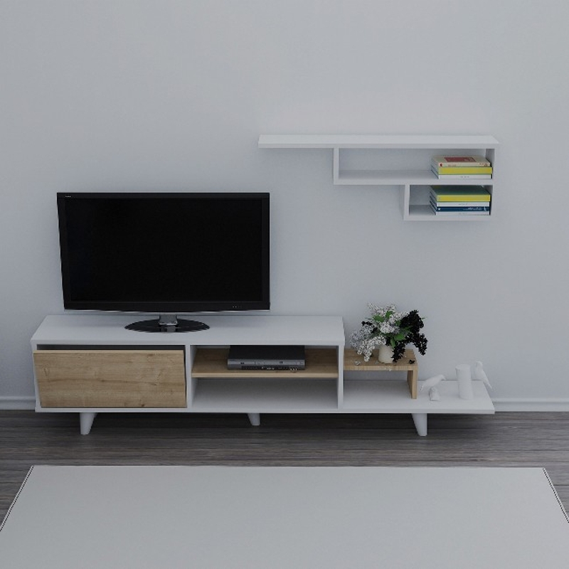 Mobile Porta TV Doruk con Mensola da Soggiorno in Rovere Bianco L180xP29,5xA45 cm