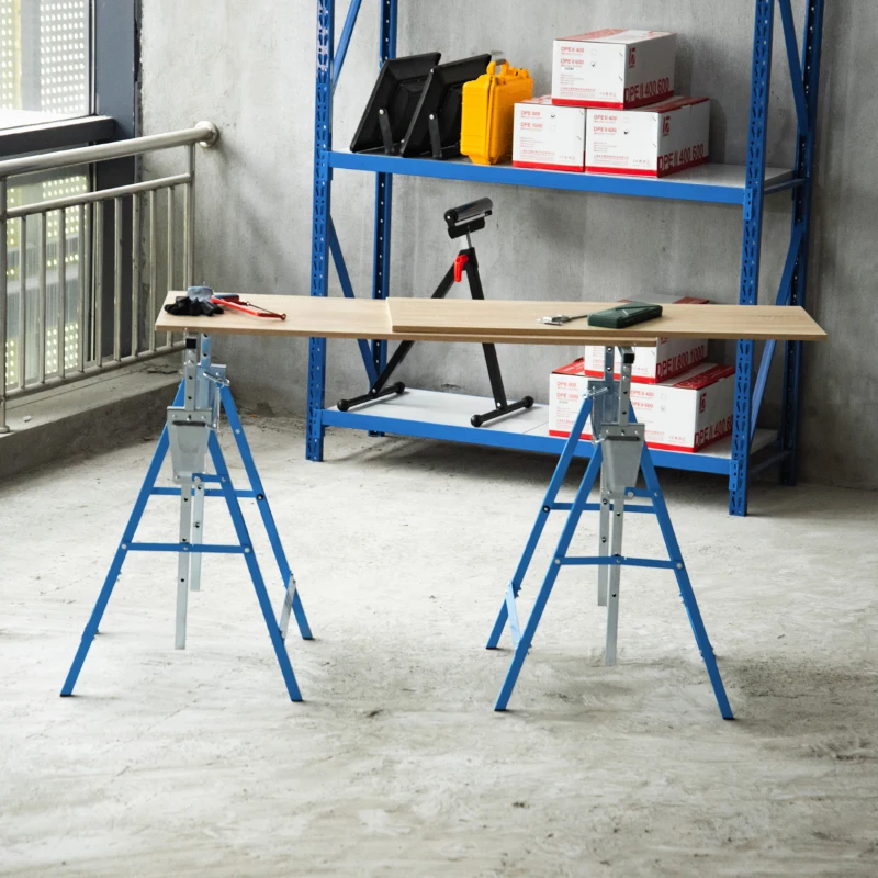 HOMCOM Set of 2 Adjustable Telescopic Builders Trestle DIY Steel Work Bench Carpenter Folding Saw Horse Tools Blue