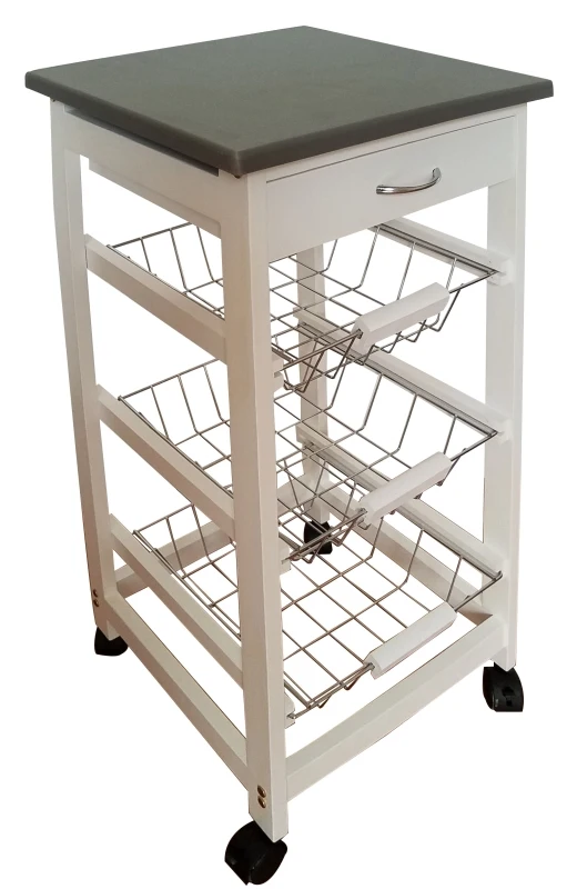 Carrello Da Cucina In Legno, 3 Ripiani Con Cassetto, 4 Ruote Pivottanti