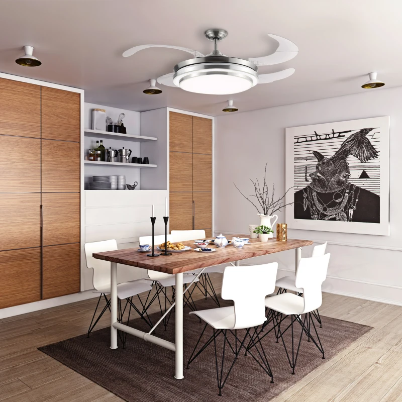 HOMCOM Indoor Ceiling Fan with Light, Retractable Blades, Modern Mount Dimmable LED Lighting Fan with Remote Controller, for Bedroom, Living Room