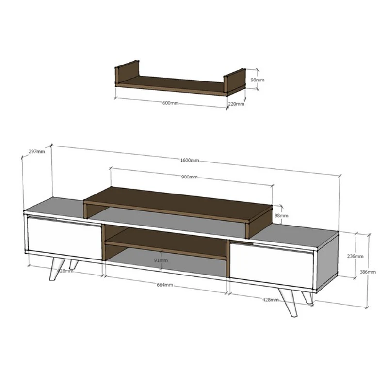 Homemania Mobile TV Melis TV Stand W160xD29,7xH48,4 cm, Shelf W60xD22xH9,8 cm Bianco, Sonoma