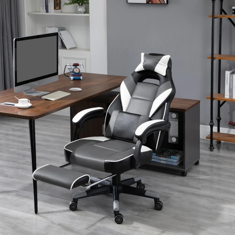 Vinsetto Gaming Chair Ergonomic Recliner w/ Thick Padding Footrest Headrest Lumbar Pillow 5 Wheels Racing Swivel Height Adjustable Home Office Chair Grey