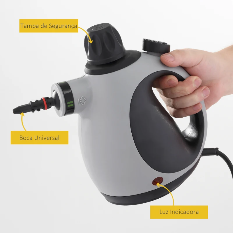 HOMCOM Limpador a Vapor Portátil 1050W Vapor de Limpeza de Pressão com Tanque de 350ml e 9 Acessórios Multiuso para Sofá Assento Carro Cozinha 30x15x21cm Preto e Cinza