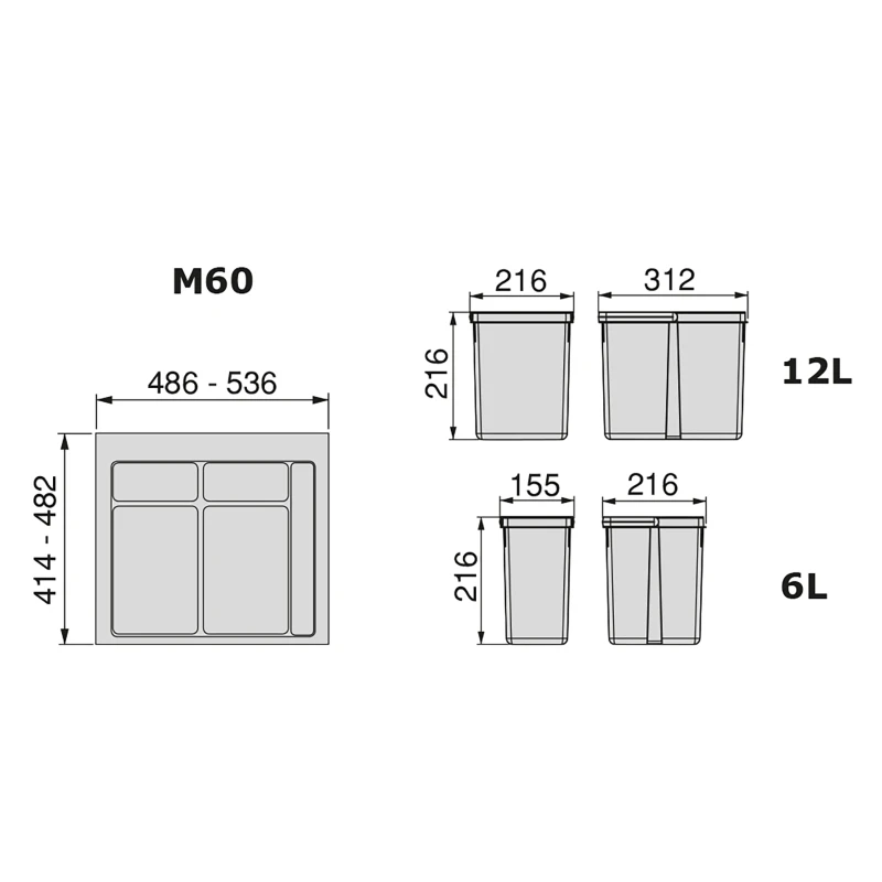 Emuca Set di contenitori con base Recycle per cassetto di modulo 900 mm 12 L, 6 L, 6L