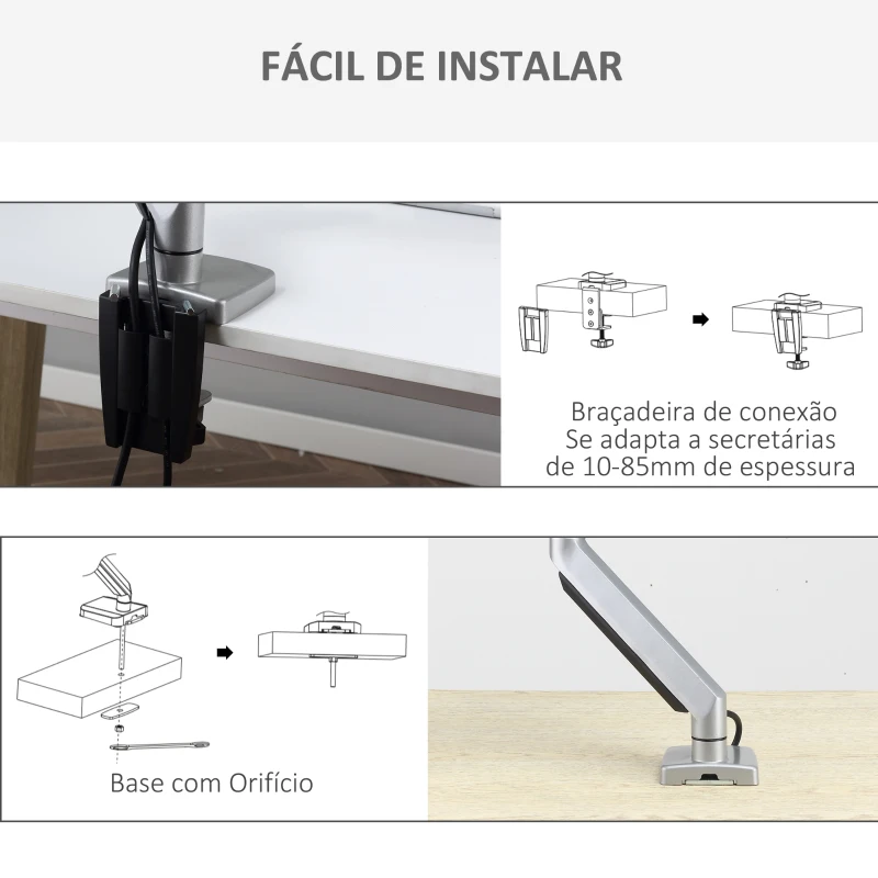 Vinsetto Suporte para Monitor para Telas LED LCD de 13"-32" Polegadas  VESA 75/100mm com Braçadeira Giratório 360° Altura Ajustável e 2 Opções de Montagem 50x11x19,5-47,5cm Prata