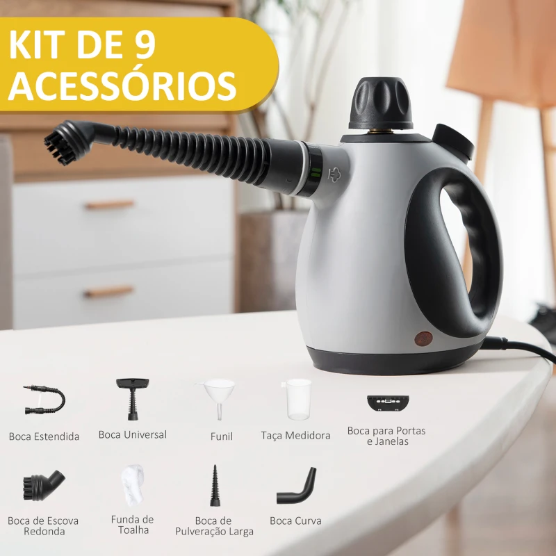 HOMCOM Limpador a Vapor Portátil 1050W Vapor de Limpeza de Pressão com Tanque de 350ml e 9 Acessórios Multiuso para Sofá Assento Carro Cozinha 30x15x21cm Preto e Cinza