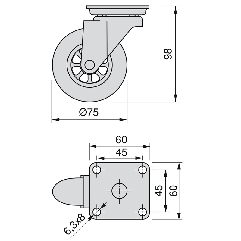 Emuca Kit di 4 ruote transparenti  Slip D. 75 mm con piastra di montaggio e cuscinetti a sfera