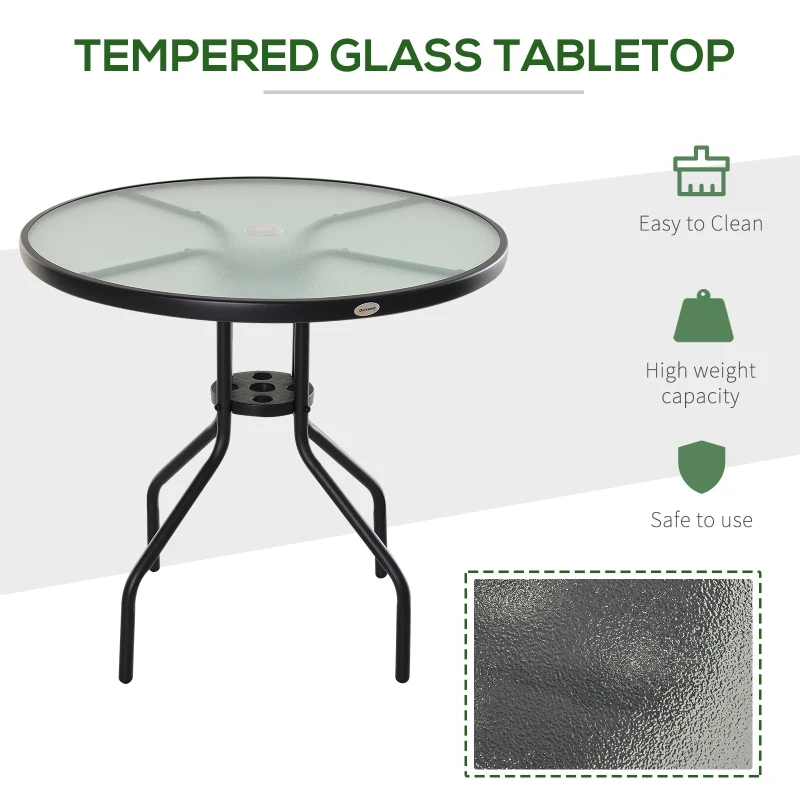 Outsunny Bistro Table Outdoor - Round Dining Coffee Table with Parasol Hole, Tempered Glass Top Side Table for Patio Garden, 80cm Dia.