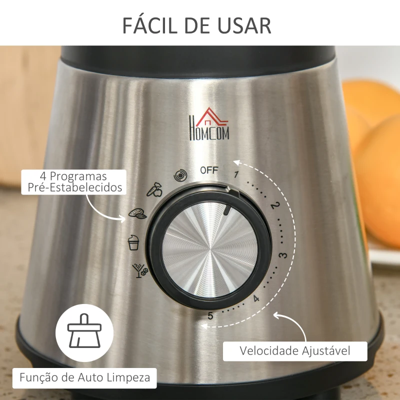 HOMCOM Liquidificadora de 1000W Jarro de Cristal de 1,5L com 4 Programas 5 Velocidades Ajustáveis Lâmina de 6 Folhas Aço Inoxidável e Garrafa Portátil 22,4x19x43cm Preto