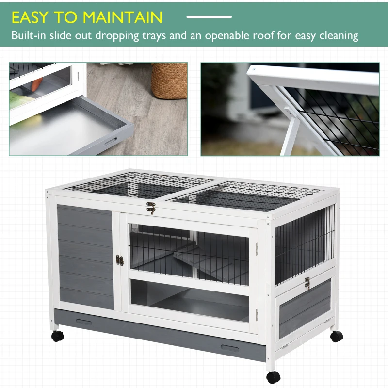 PawHut Indoor Rabbit Hutch Guinea Pig House Wooden Elevated Pet Bunny Cage with Wheels Openable Roof 102 x 60 x 63.5cm Grey