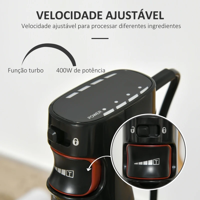 HOMCOM Varinha Mágica 1000W 4 em 1 com Velocidades Ajustáveis 2 Lâminas de Aço Inoxidável Picador 500ml Copo Medidor 800ml e Batedeira 10x6,5x41cm Preto