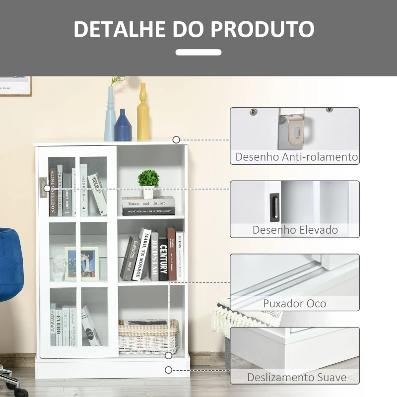 HOMCOM Estante para Livros Vitrine com 2 Portas Corredeiras Prateleiras Ajustáveis de Armazenamento Móvel Organizador para Escritório Sala de Estar Estúdio 80x40x121,7cm Branco